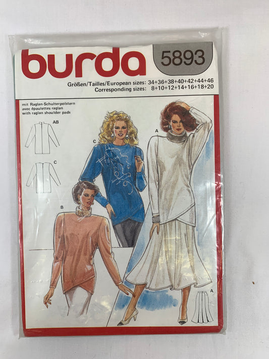 Burda 5893 Misses' Top, Tunic, Skirt, Long Sleeves, 3 Variations, Flared, Zipper Back, Pullover, Size 34-46, Uncut, Vintage 1980