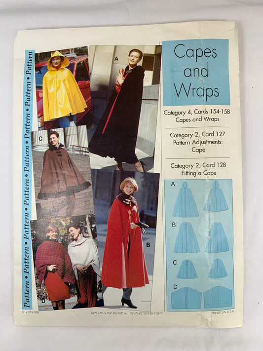Sewing Step-By-Step Knits Garments, Category 4 Cards 154-158,  Capes, Wraps, Hood, Size XS-XL, Cut, Vintage 1993