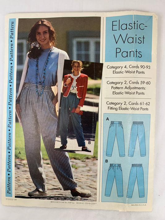 Sewing Step-By-Step Knits Garments, Category 2 Cards 61-62, Elastic Waist Pants,, Size 4-12, Cut, Vintage 1993
