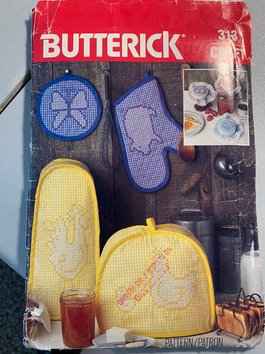 Butterick Sewing Pattern 313 Crafts, Home Decor, Kitchen Accessories, Oven Mitt, Jar Covers, Pot Holder, Blendar, Toaster, Uncut, Vintage 1980