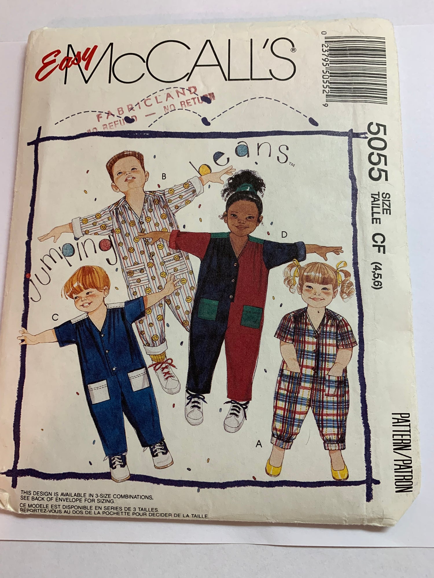 McCall's Sewing Pattern 5055 Children/Girls'/Boys' Jumpsuit, Loose-Fitting V-Neck, Button Front, Size 4-6, Uncut, Vintage 1990