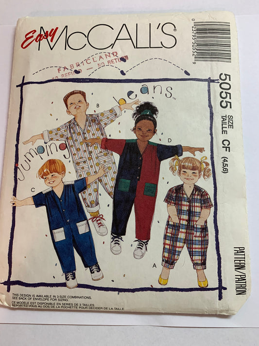 McCall's Sewing Pattern 5055 Children/Girls'/Boys' Jumpsuit, Loose-Fitting V-Neck, Button Front, Size 4-6, Uncut, Vintage 1990
