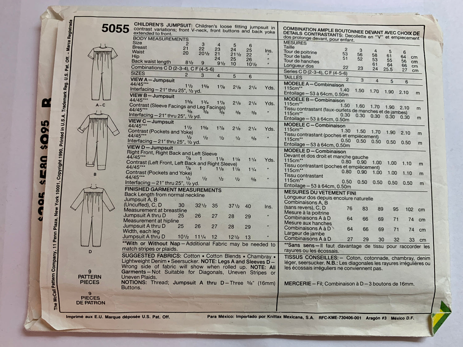 McCall's Sewing Pattern 5055 Children/Girls'/Boys' Jumpsuit, Loose-Fitting V-Neck, Button Front, Size 4-6, Uncut, Vintage 1990