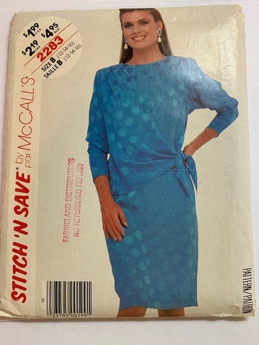 McCall's Stitch 'N Save Sewing Pattern 2283 Misses' Dress, Straight Pullover, Shoulder Pads, Long Sleeves, Size 12-16, Uncut, Vintage 1985