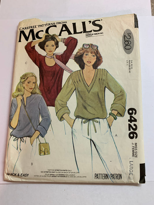 McCall's Sewing Pattern 6426 Misses' Tops, Stretch Knits Only, Pullover, Drawstring Waist, Cuffs, Long Sleeves, Size 18-20, Uncut, Vintage 1978