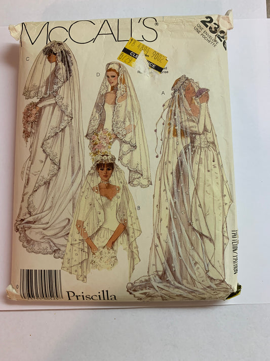 McCall's Priscilla Sewing Pattern 2326 Misses' Bridal Veils, Headpieces, Wedding, Brides, Accessories, One Size, Uncut, Vintage 1986