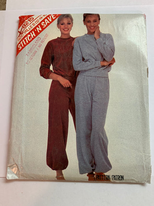 McCall's Sewing Pattern Stitch 'n Save 8215 Misses' Top, Pants, Stretch Knits Only, Pullover, Long Raglan Sleeves, Elastic Waist, Size 12-16, Uncut, Vintage 1982