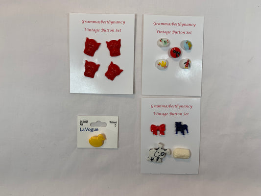 Vintage Variety Baby Animal Buttons, Shank, Red Dogs, Yellow Duck, Red Bow, Log, Bulldog, Penguins, Chick, Sewing, Baby Clothes, Scottish