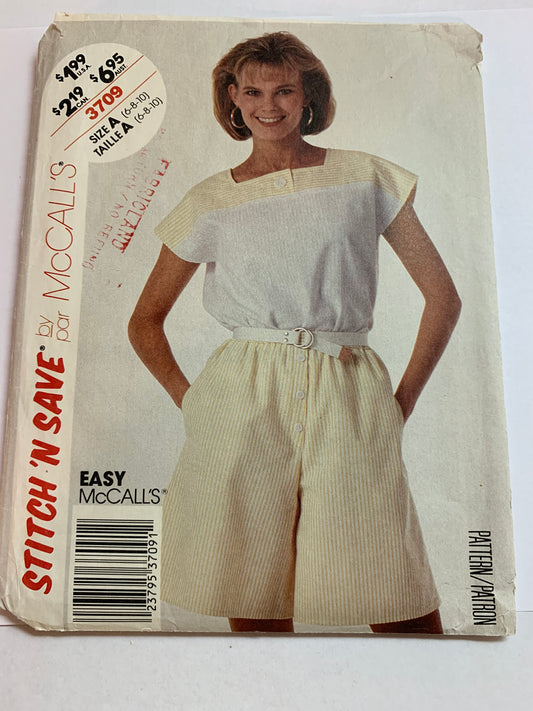 McCall's Sewing Pattern Stitch 'n Save 3709 Misses' Top, Shorts, Pullover, Elastic Waist, Button Front, Size 6-10, Uncut, Vintage 1988