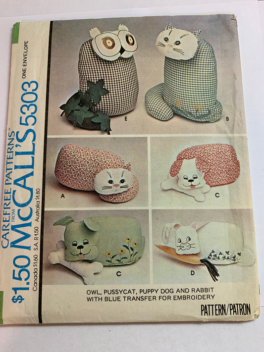 McCall's Sewing Pattern 5303 Crafts, Transfers, Embroidery, Pussycat, Owl, Puppy Dog, Rabbit, Uncut, Vintage 1976