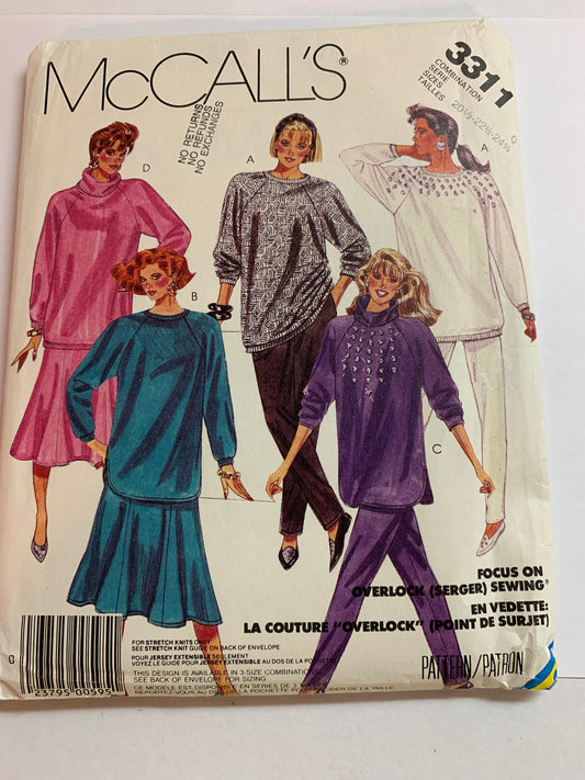 McCall's Sewing Pattern 3311 Misses' Top, Pants, Skirt, Stretch Knits, Pullover Long Raglan Sleeves, Shoulder Pads, Size 20 1/2- 24 1/2, Uncut, Vintage 1987