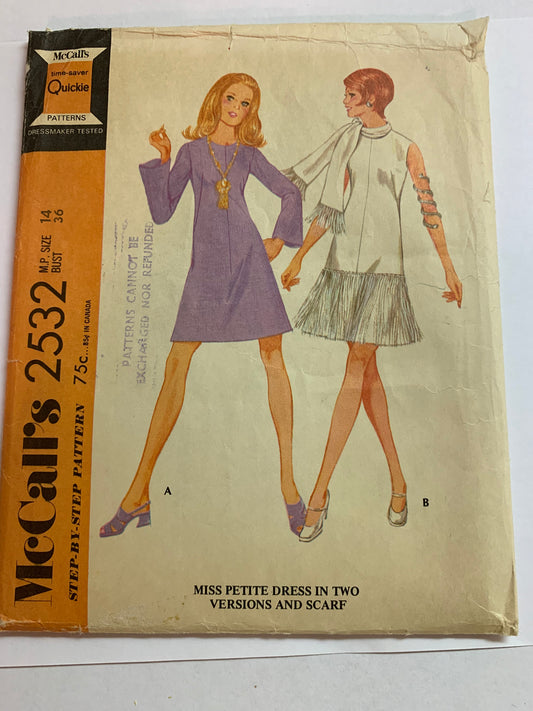 McCall's Sewing Pattern 2532 Misses'/Miss Petite Dress, Scarf, Darts, Zipper, Long Sleeves, Sleeveless, Size 14, Uncut, Vintage 1970