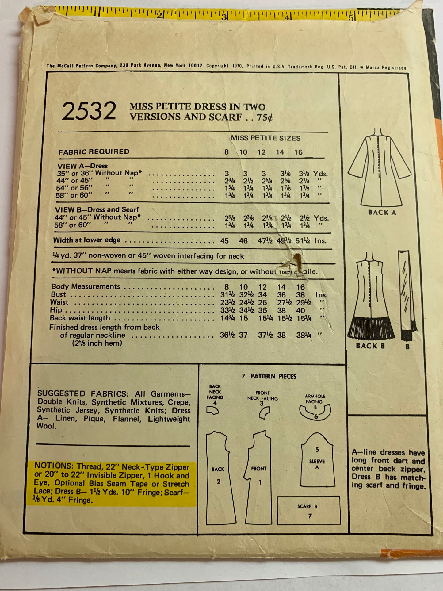 McCall's Sewing Pattern 2532 Misses'/Miss Petite Dress, Scarf, Darts, Zipper, Long Sleeves, Sleeveless, Size 14, Uncut, Vintage 1970