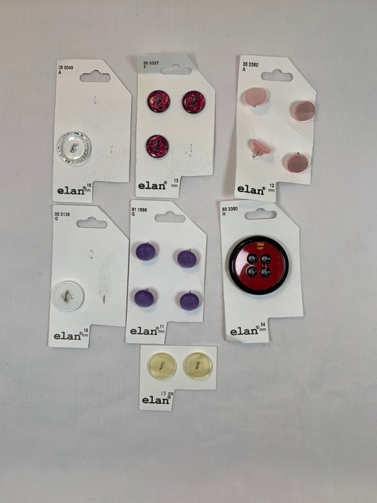 Vintage Elan Buttons, Shank, Flat, Red, Purple, Pink, White, Clear, Various Sizes, Shiny, Sewing, Scrapbooking, Crafts, Round, 2/4 Hole
