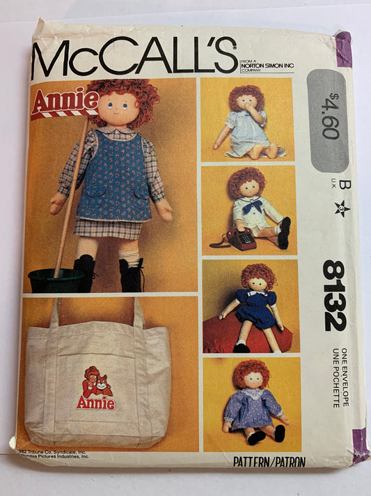 McCall's Sewing Pattern M6258 Anne Doll Crafts, Clothes, 36" Doll, Dress, Pinafore, Rompers, Nightgown, Sailor Dress/Jacket, Bag, Shoes, Uncut, Vintage 1982