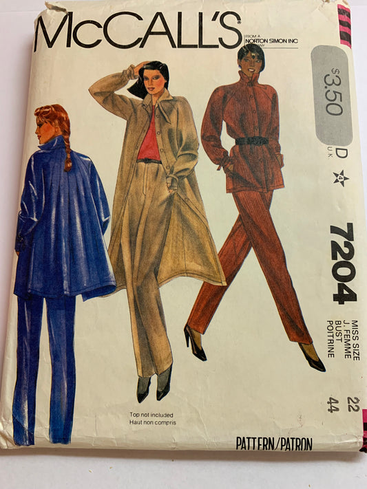 McCall's Sewing Pattern 7204 Misses' Jacket, Coat, Pants, Loose-Fitting, Pleats, Long Raglan Sleeves, Size 22, Uncut, Vintage 1980