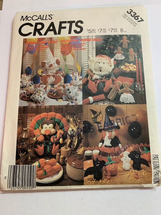 McCall's Sewing Pattern 3367 Crafts, Holiday Table Ornaments, Clown, Elf, Turkey, Witch, Pumpkin, Ghost, Bat, Gingerbread, Uncut, Vintage 1987