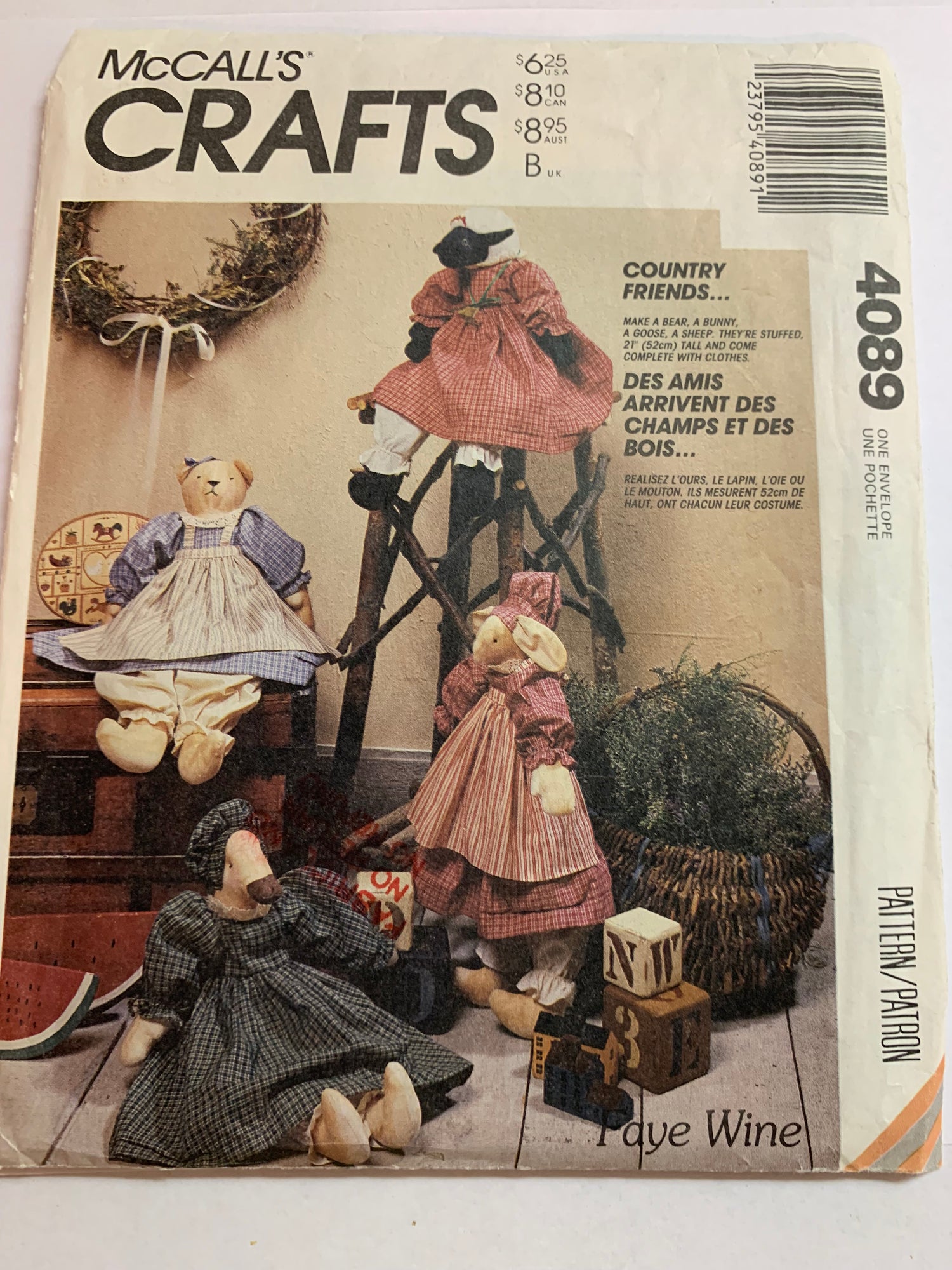 McCall's Sewing Pattern 4089 Crafts, Country Friends, Bear, Bunny, Goose, Sheep, Clothes, 20" Stuffed Doll, Uncut, Vintage 1989