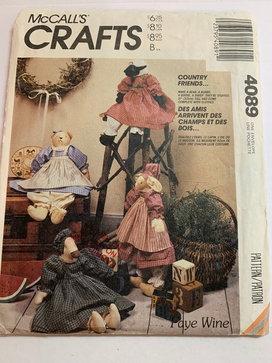McCall's Sewing Pattern 4089 Crafts, Country Friends, Bear, Bunny, Goose, Sheep, Clothes, 20" Stuffed Doll, Uncut, Vintage 1989