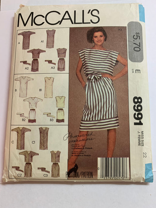 McCall's Stitch 'N Save Sewing Pattern 8991 Misses' Dress, Top, Skirt, Tie Belt, Pullover, Sleeveless, Dolaman Sleeves, Elastic Waist, Size 22, Uncut, Vintage 1984