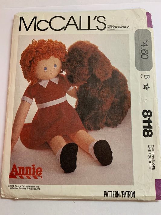 McCall's Sewing Pattern 8118 Annie Doll And Sandy Crafts, Clothes, 36" Doll, Dress, Panties, Shoes, Hair, Dog, Uncut, Vintage 1982