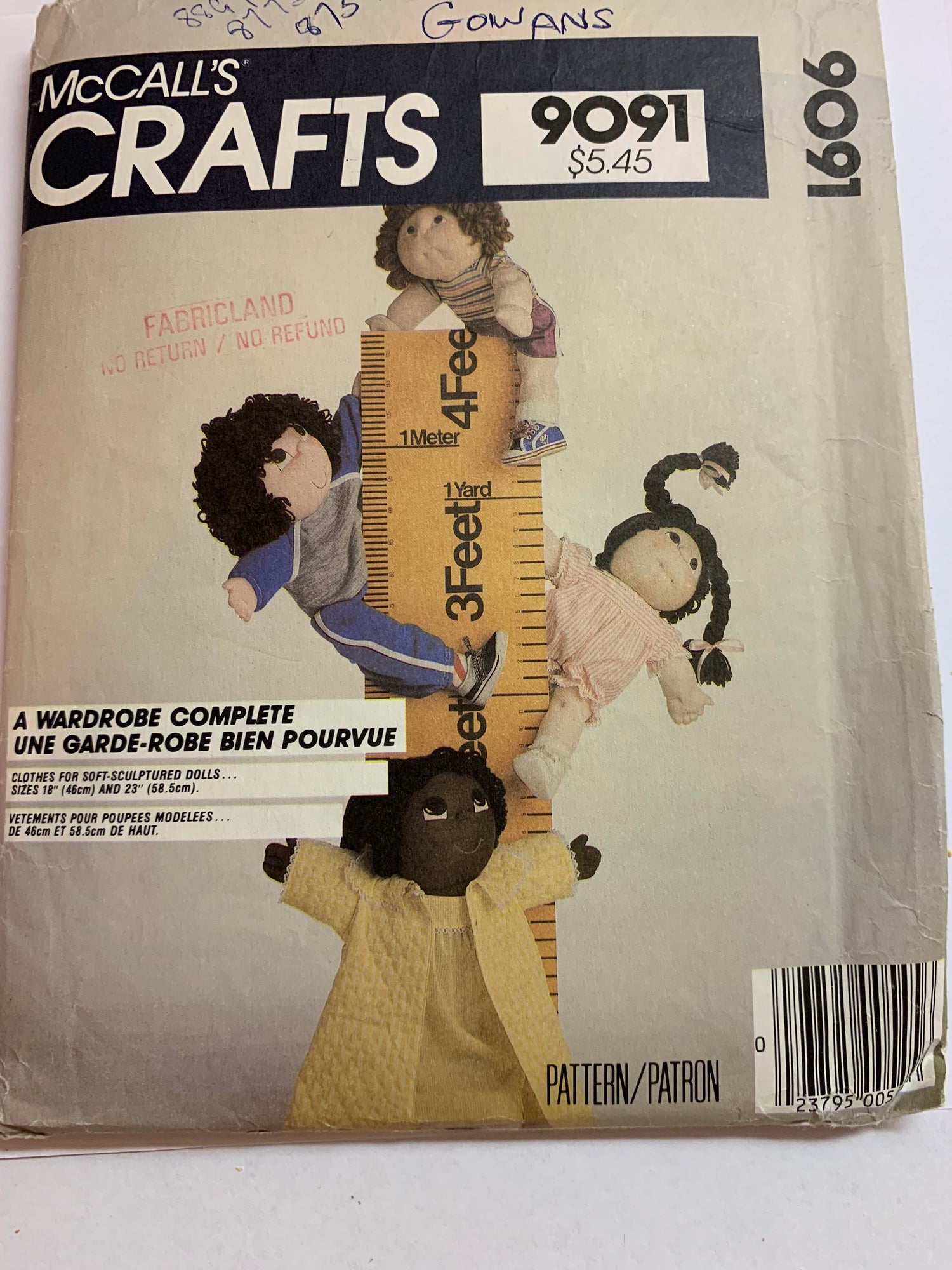 McCall's Sewing Pattern 9091 18 and 23 Inch Soft Sculptured Dolls, Jumper, Dress, Top, Shorts, Robe, Pajamas, Uncut, Vintage 1998