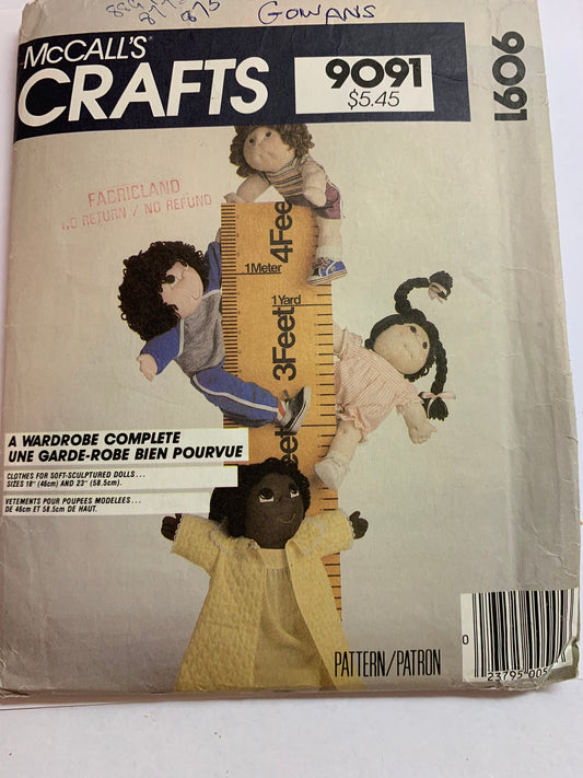 McCall's Sewing Pattern 9091 18 and 23 Inch Soft Sculptured Dolls, Jumper, Dress, Top, Shorts, Robe, Pajamas, Uncut, Vintage 1998