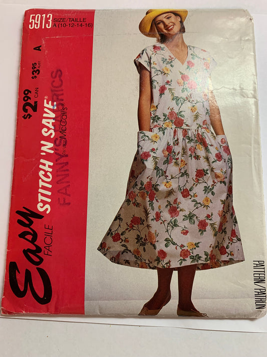 McCall's Stitch 'N Save Sewing Pattern 5913 Misses' Dress, Shoulder Pads, Dropped Waist, Button Front, Flared Skirt, Sleeveless, Loose-Fitting, Size 10-16, Uncut, Vintage 1992