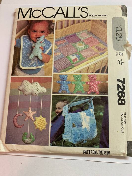 McCall's Sewing Pattern 7268 Crafts, Baby's Room, Crib Hanging, Quilt, Crib Bumper, Bag, Bib, Mobile, Toys, Cut, Vintage 1980