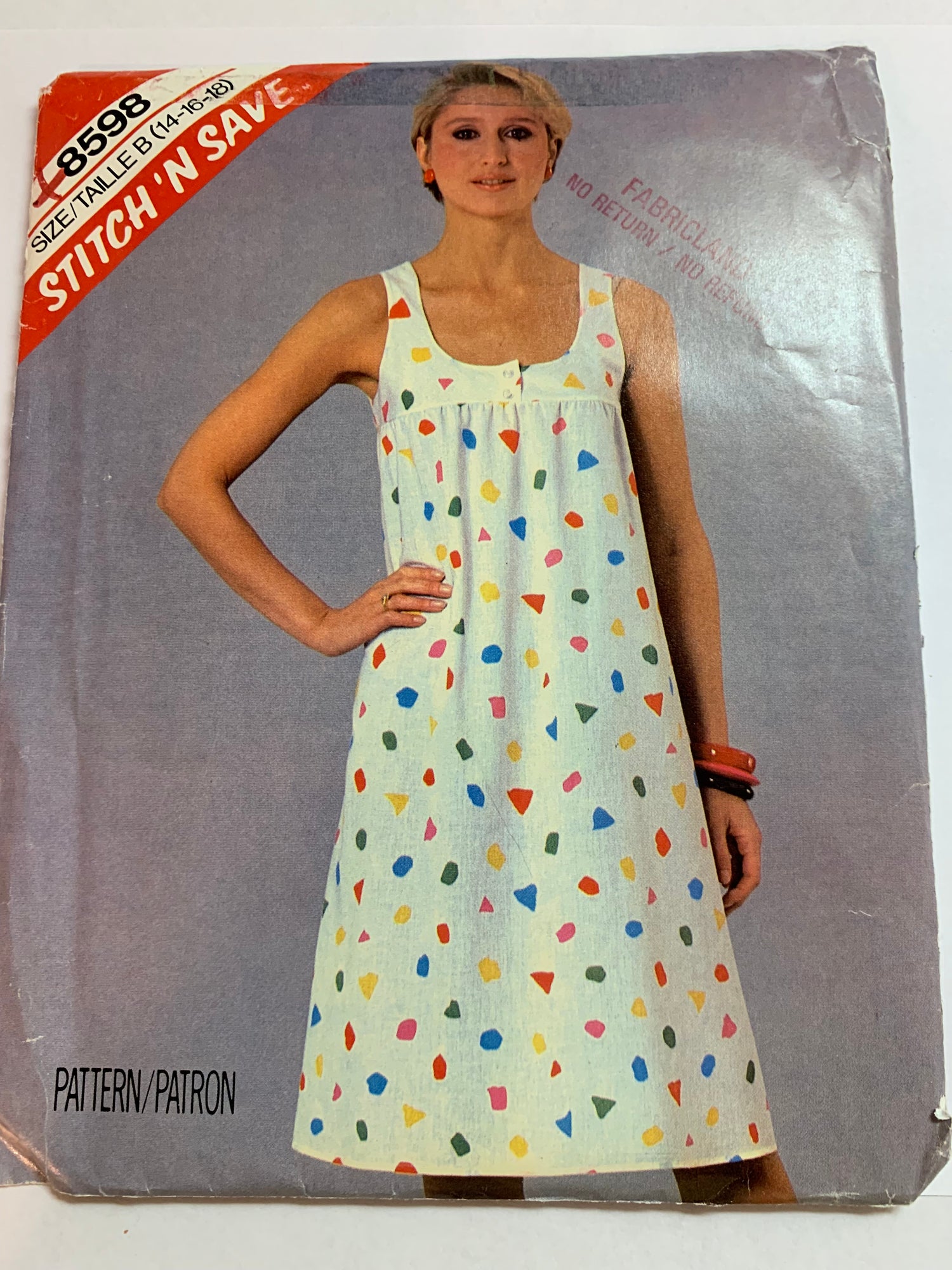 McCall's Stitch 'N Save Sewing Pattern 8598 Misses' Dress, Sleeveless, Loose-Fitting, Pullover, U Neckline, Size 14-18, Uncut, Vintage 1983
