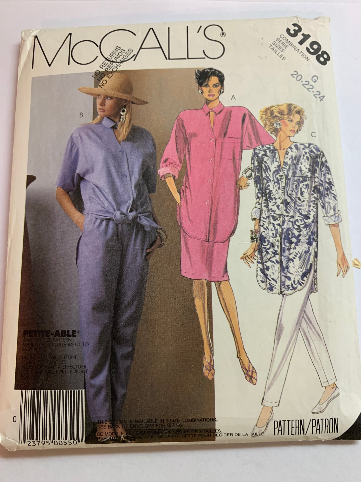 McCall's Sewing Pattern 3198 Misses' Shirt, Skirt, Pants, Button Front, Shoulder Pads, Long/Short Sleeves, Pockets, Size 20-44, Uncut, Vintage 1987