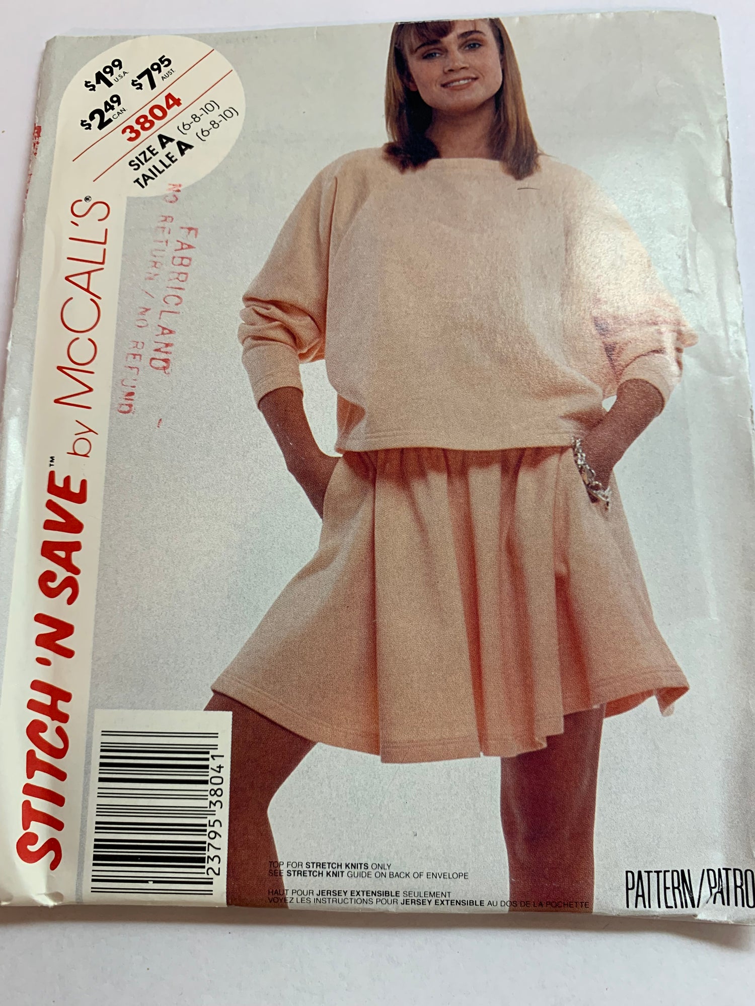 McCall's Sewing Pattern Stitch 'n Save 3804 Misses' Top, Skirt, Long Sleeves, Zipper Back, Shoulder Pads, Flared, Pockets, Size 6-10, Uncut, Vintage 1988