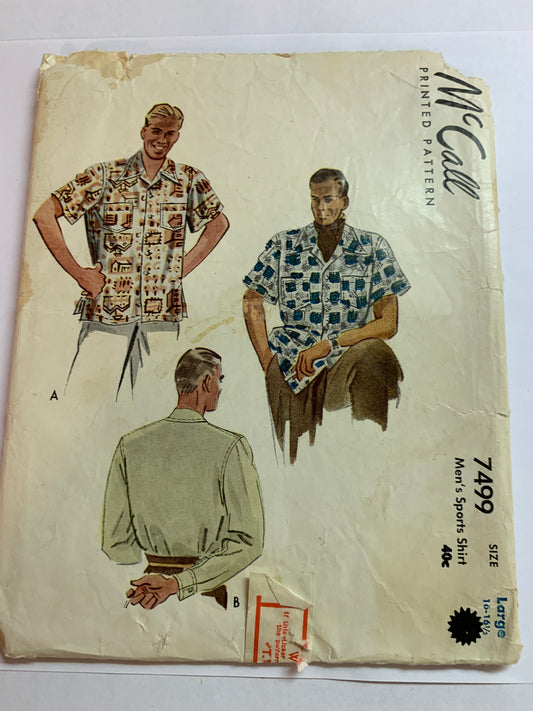 McCall's Sewing Pattern 7499 Men's Shirt, Long/Short Sleeves, Button Cuffs, Pockets, Button Front, Collar, Size 16-16 1/2, Uncut, Vintage 1948
