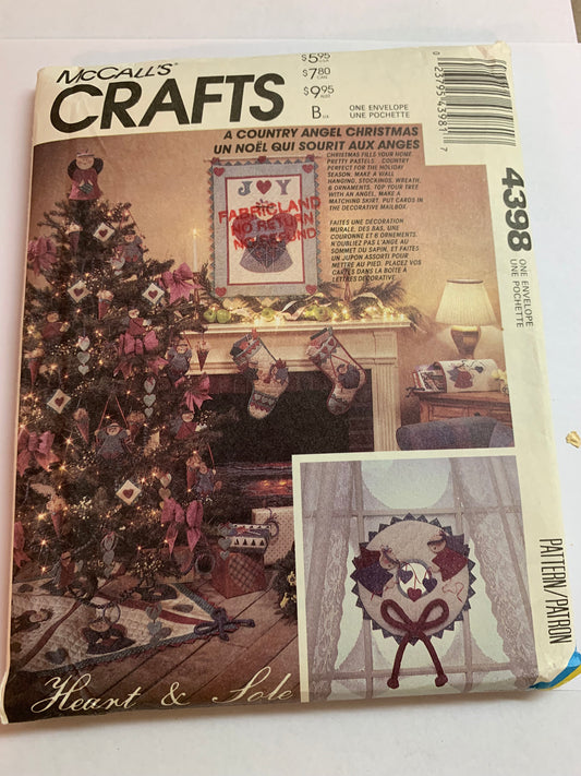 McCall's Sewing Pattern 4398 Crafts, Christmas Holiday Ornaments, Stockings, Angels, Mailbox, Heats, Tree Topper, Uncut, Vintage 1993