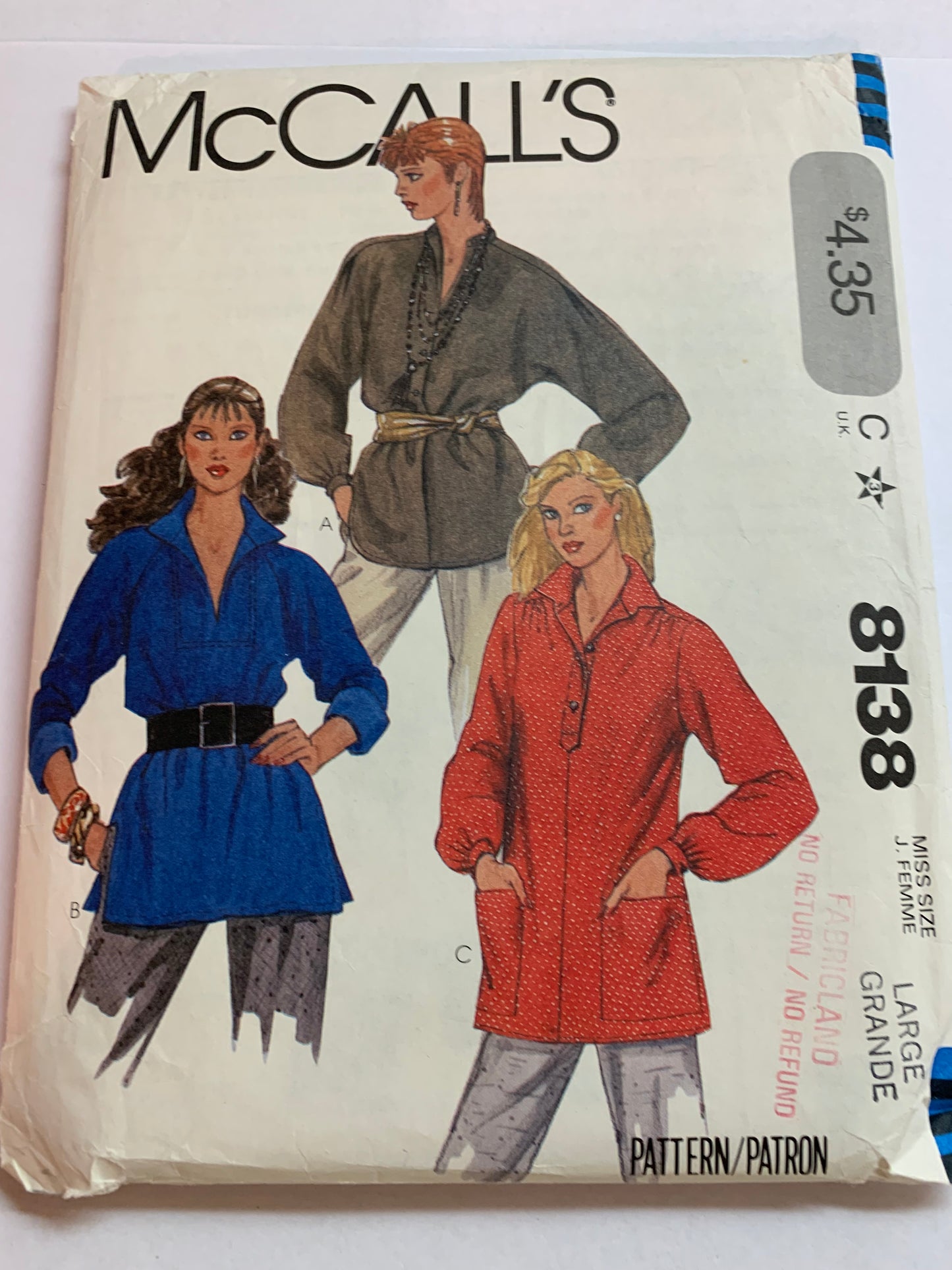 McCall's Sewing Pattern 8138 Misses' Tops, Long Sleeves, Pullover,  Loose-Fitting, Pockets, 3 Variations, Size 18-20, Uncut, Vintage 1982