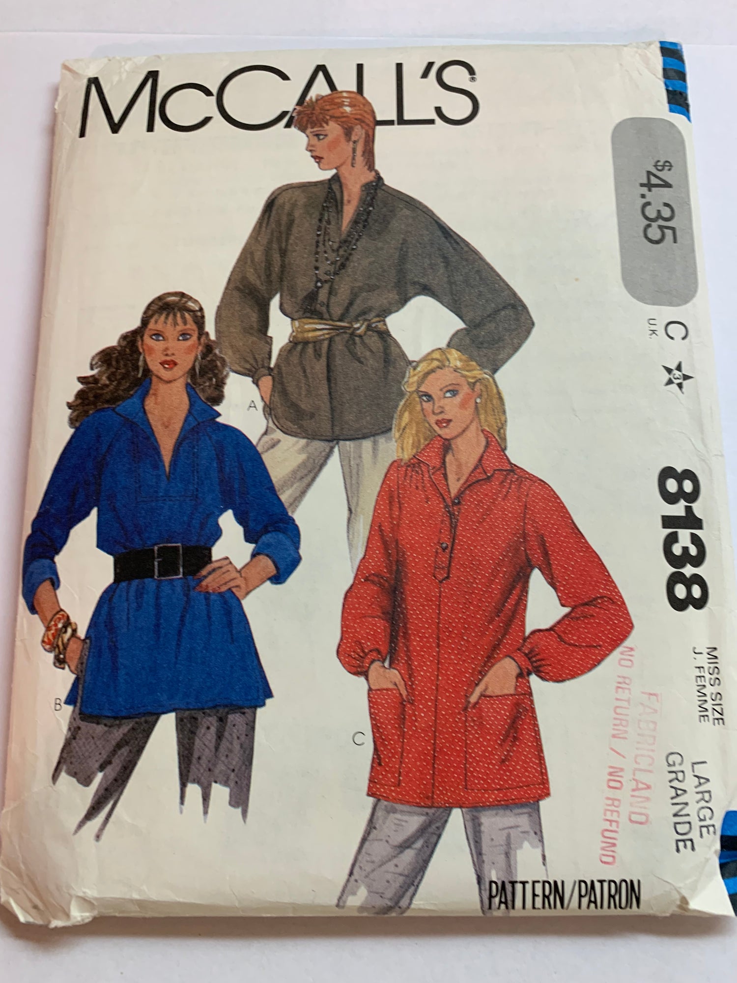 McCall's Sewing Pattern 8138 Misses' Tops, Long Sleeves, Pullover, Loose-Fitting, Pockets, 3 Variations, Size 18-20, Uncut, Vintage 1982