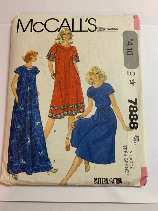 McCall's Sewing Pattern 7888 Misses' Dress, Two Lengths, Short Sleeves, Loose-Fitting, Tie Belt, Pockets, Pullover, Size 22-24, Uncut, Vintage 1982