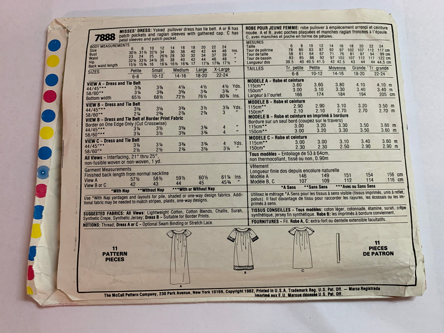 McCall's Sewing Pattern 7888 Misses' Dress, Two Lengths, Short Sleeves, Loose-Fitting, Tie Belt, Pockets, Pullover, Size 22-24, Uncut, Vintage 1982