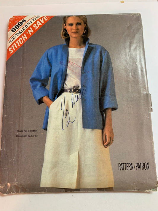 McCall's Sewing Pattern Stitch 'n Save 8894 Misses' Jacket, Skirt, Pleats, Pockets, Size 14-18, Uncut, Vintage 1984