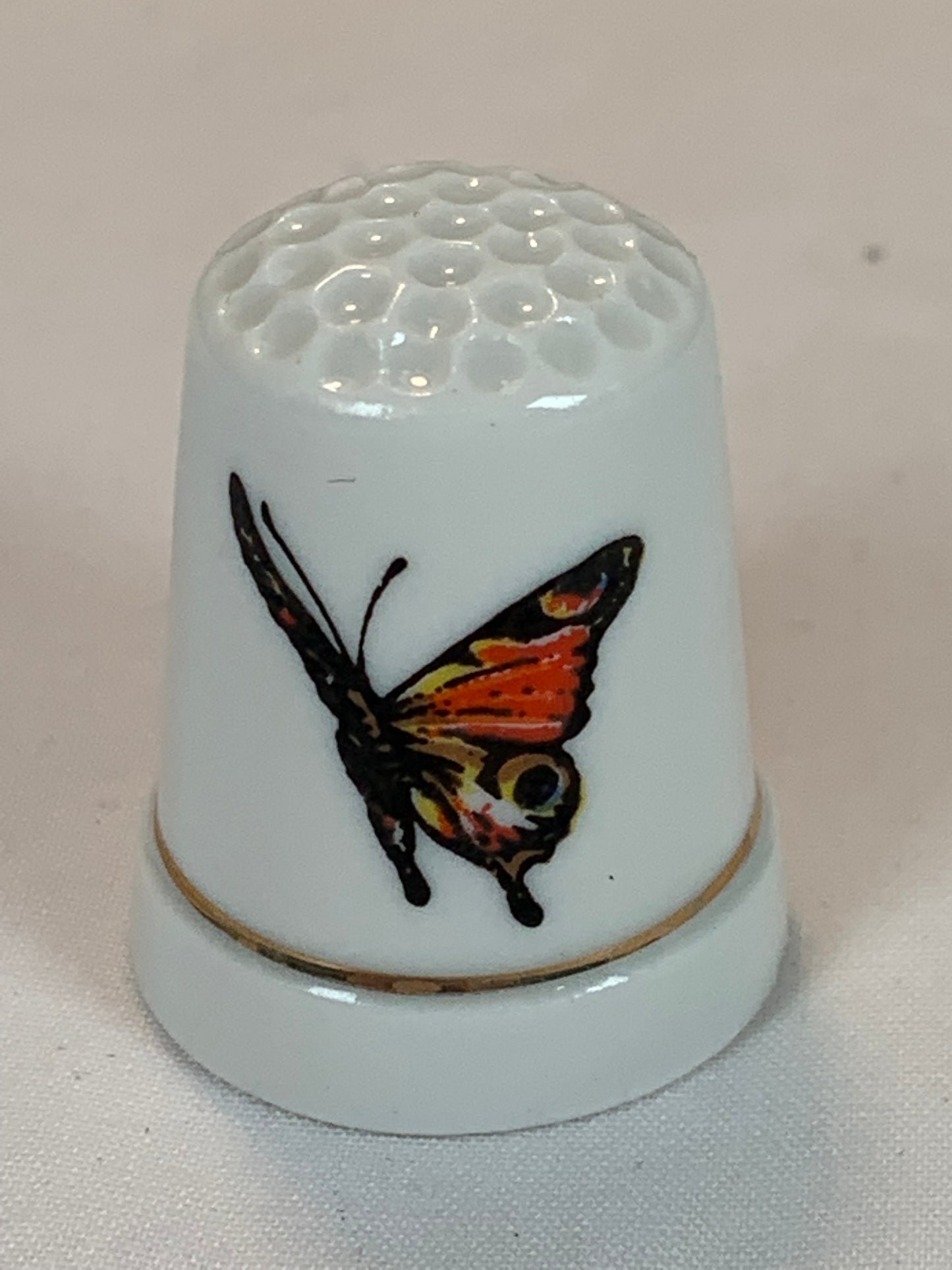 Thimble Souvenir, Gift, Orange and Brown Butterfly,, Porcelain, Sewing, Gold Trim