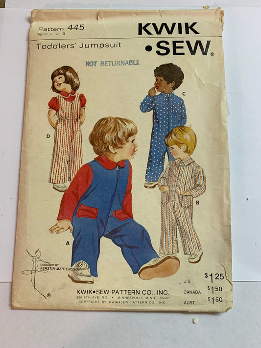 KWIK Sewing Pattern 445 Toddlers' Jumpsuit, Knit And Stretch Fabric, Pockets, Zipper, Snap Crotch, Size 1-3, Uncut, Vintage 1980