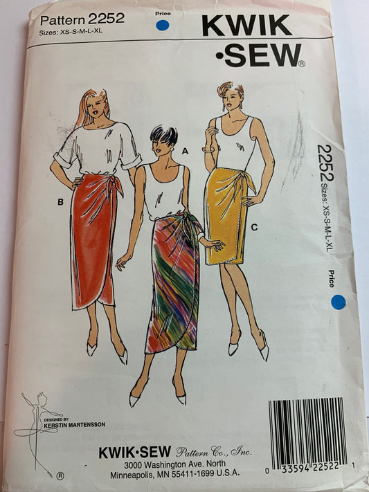 KWIK Sewing Pattern 2252 Misses' Skirts, Wrap, 3 Variations, Ties, Size XS-XL, Uncut, Vintage 1993