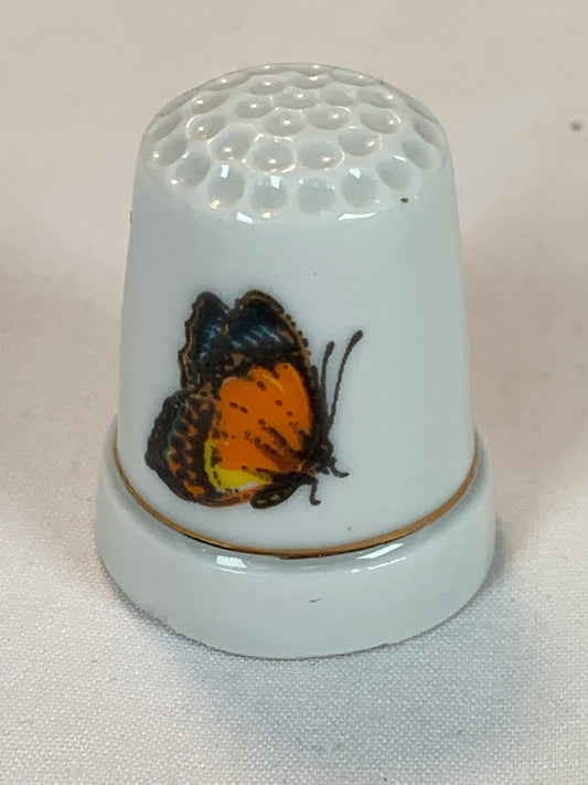 Thimble Souvenir, Gift, Yellow , Brown, Yellow Butterfly, Porcelain, Sewing, Gold Trim