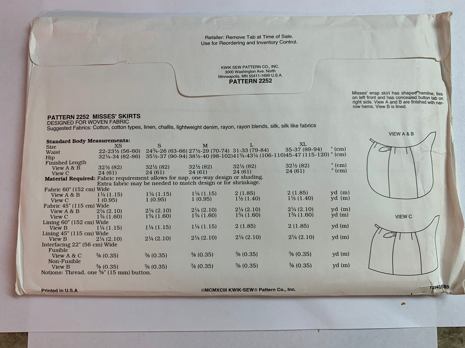 KWIK Sewing Pattern 2252 Misses' Skirts, Wrap, 3 Variations, Ties, Size XS-XL, Uncut, Vintage 1993