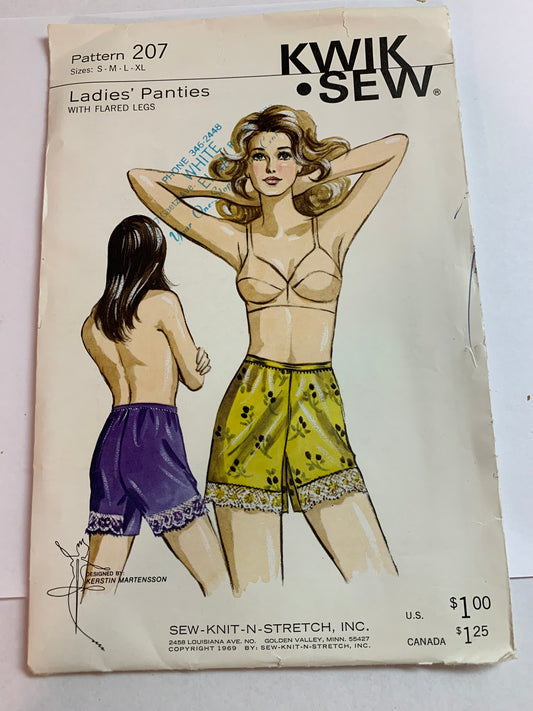KWIK Sewing Pattern 207 Misses' Ladies Panties, Flared Legs, Underwear, Elastic Waist, Size 24 1/2 - 36 5/8" Waist, Uncut, Vintage 1998