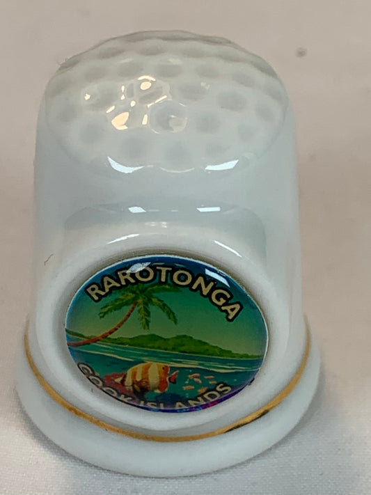 Thimble Souvenir, Gift, Rarotonga Cook Island, Porcelain, Sewing, Gold Trim