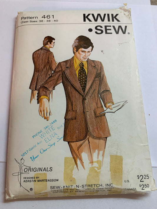 KWIK Sewing Pattern 461 Men's Jacket, Pockets, Long Sleeves, Size 36-40, Uncut, Vintage 1984
