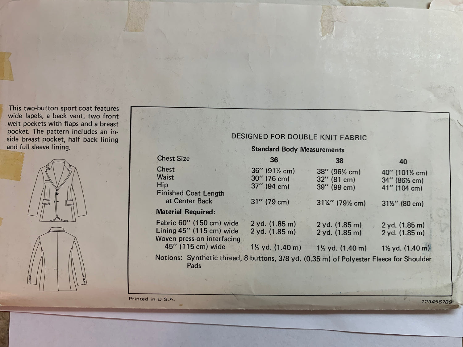 KWIK Sewing Pattern 461 Men's Jacket, Pockets, Long Sleeves, Size 36-40, Uncut, Vintage 1984