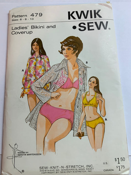 Kwik Sewing Pattern 479 Misses' Bikini Bathing Suit, Coverup, Two Piece, Swimsuit, Top, Bottom, Stretch Knit, Size 6-10, Uncut, Vintage 1989
