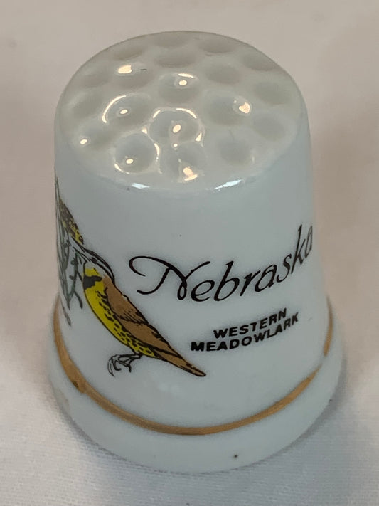 Thimble Souvenir, Gift, Western Meadowlark Bird, Goldenrod Flowers, Porcelain, Sewing Gold Trim